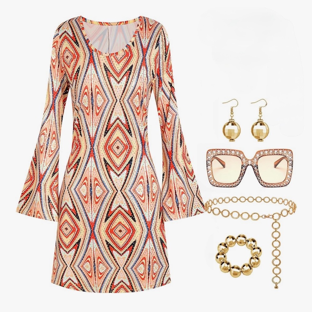 Halloween Costume— ‘70s Vibrant Long Sleeve Geometric Dress with Accessories
